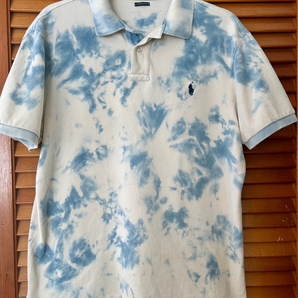 Polo Ralph Lauren Polo Shirt Mens Large White Blue Tie Dye Batik Slim Fit - Picture 3 of 10